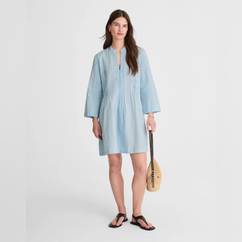 NWT Madewell Pleated Splitneck Mini Shirtdress in Stripe, linen blend